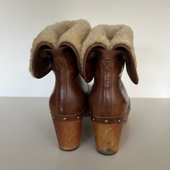 UGG 1958 Lynnea Leather Studded Foldover Clog Boot Shearling Cuff, Caramel, 9 - Picture 3 of 11